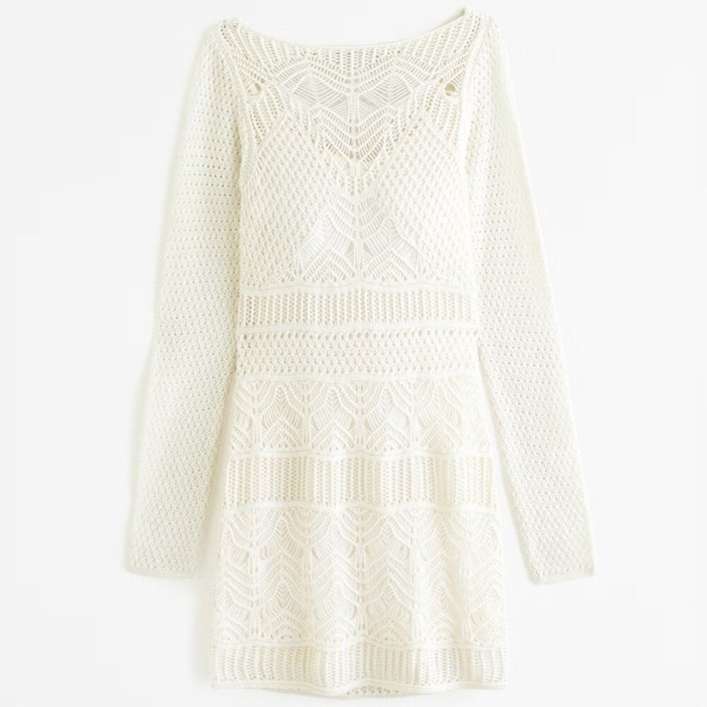 NEW ABERCROMBIE White Crochet Lace Cutout Long Sleeve Lace Mini Sweater Dress L - Picture 4 of 16